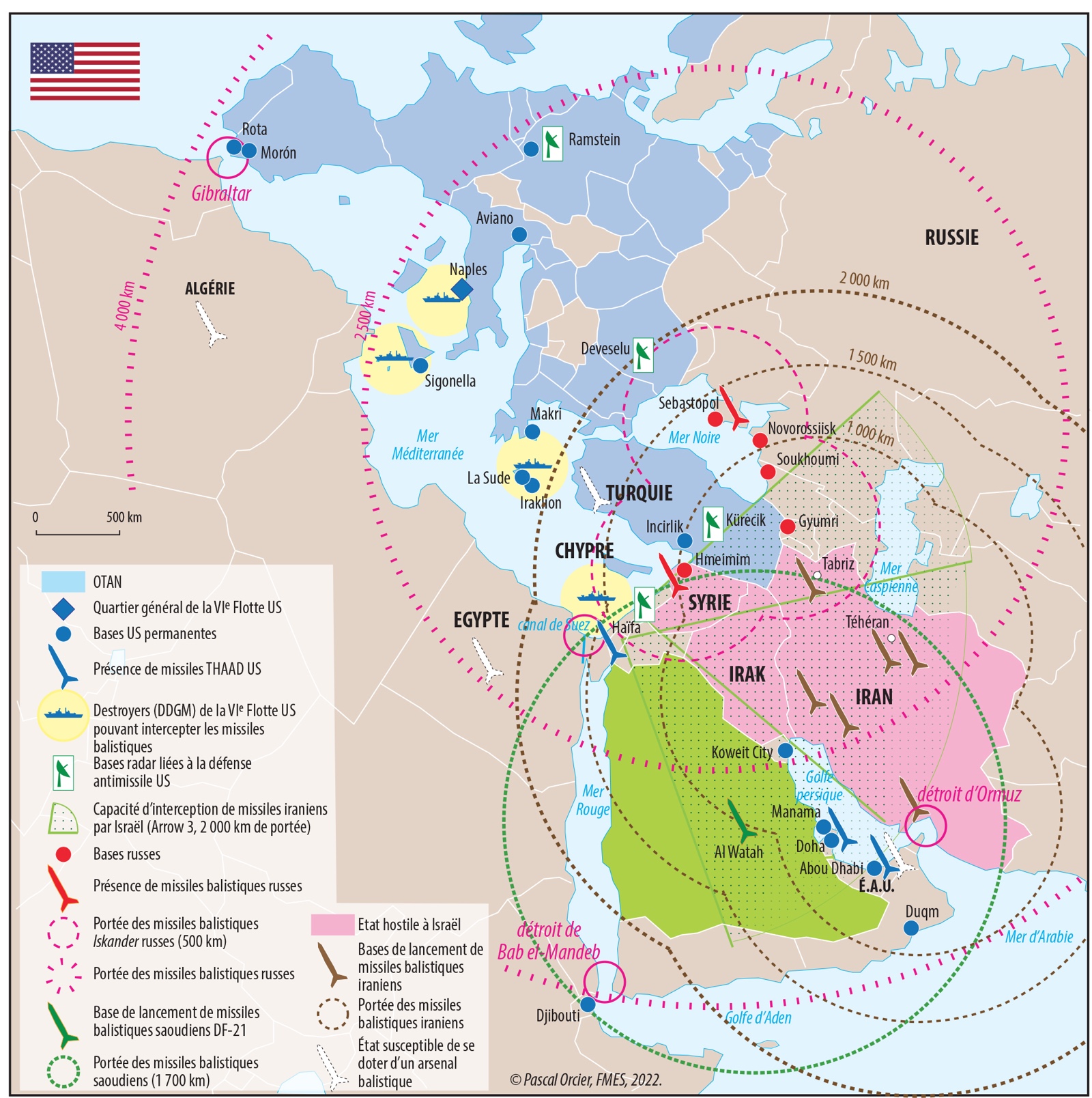 Carte. En Méditerranée, la proliferation balistique et la defense anti-missile (DAMB)
