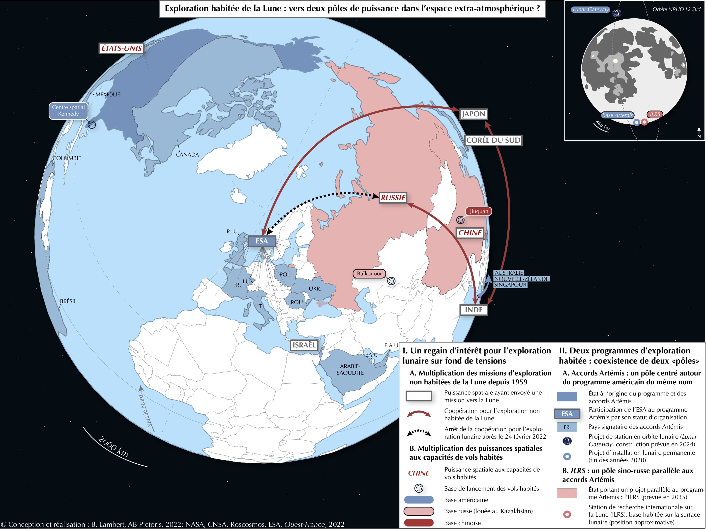 Carte. Exploration habitée de la Lune : vers deux pôles de puissance dans l'espace extra-atmosphérique ?