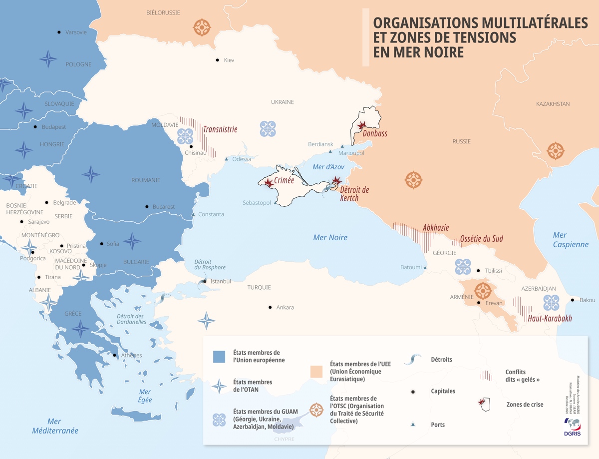 Carte. Organisations multilatérales et zones de tensions en mer Noire