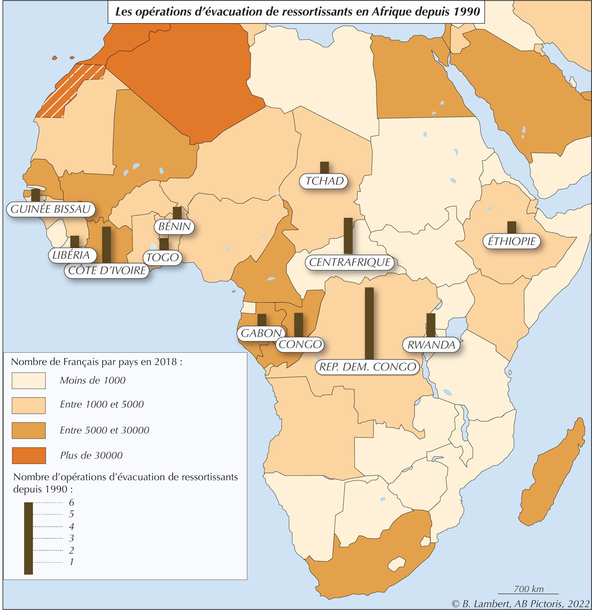Carte. Les opérations d'évacuation des ressortissants Français en Afrique depuis 1990