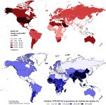 Planisphères de l'Indice de masse corporelle (IMC) en 2016 et de la variation 1976-2016 de la prévalence de l'obésité des adultes en pourcentage